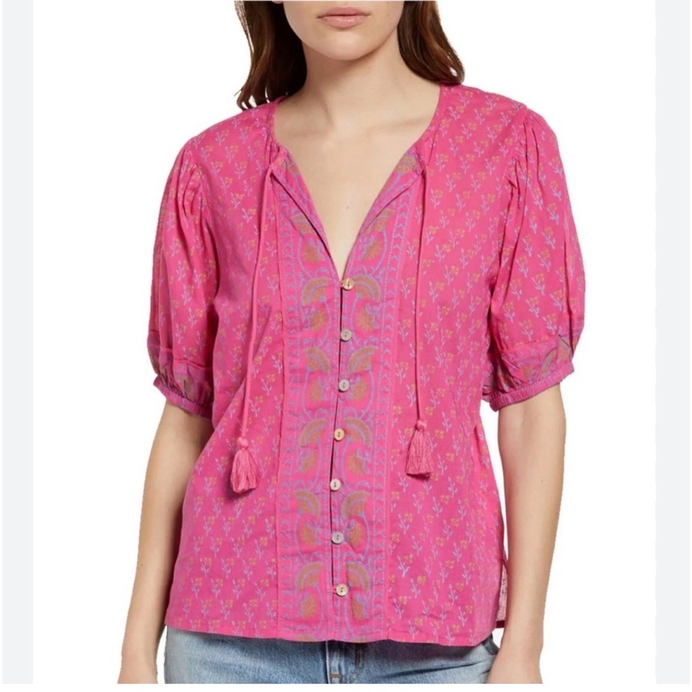 Cleobella Amari Pink Embroidered Tie-Front Blouse size Large